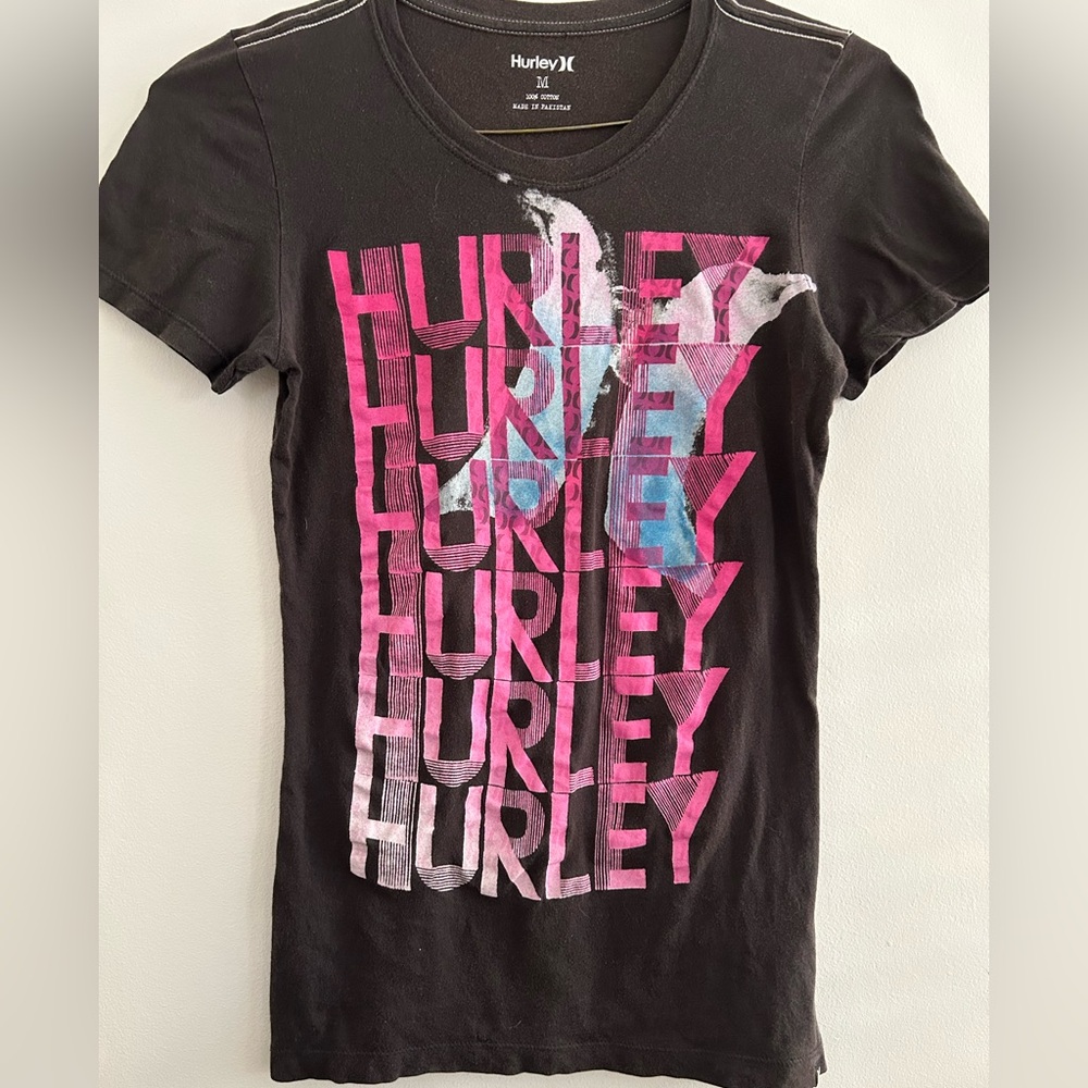 Hurley Vintage Black Tee with Pink and Blue Graphics